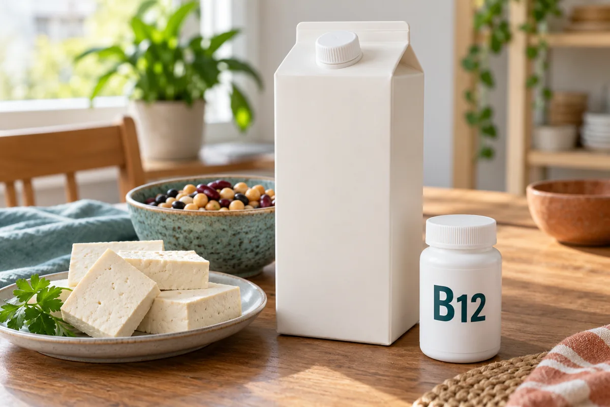 Fortified plant drink and a B12 bottle beside plant-based foods