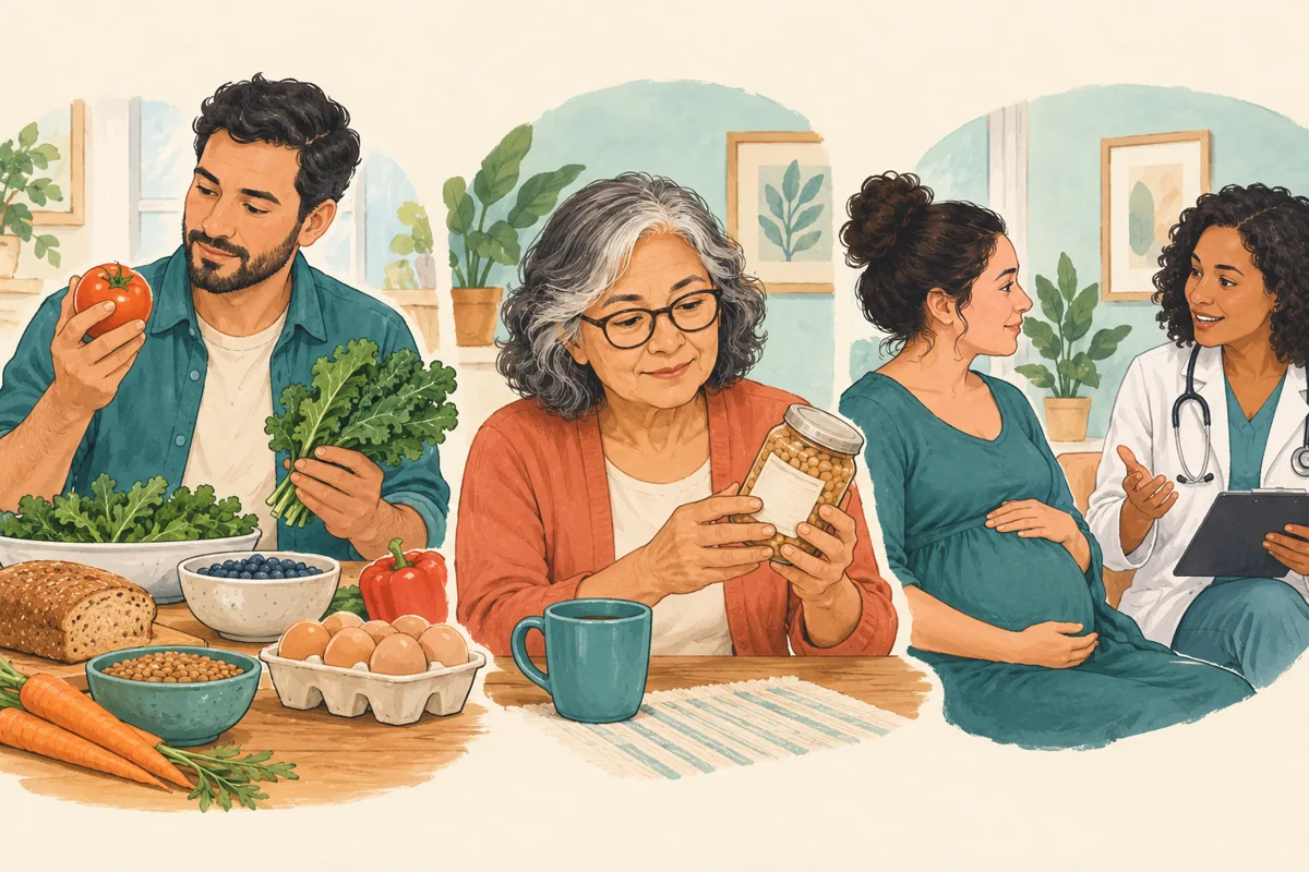 Illustrated adult, older adult, and pregnancy consultation scenarios