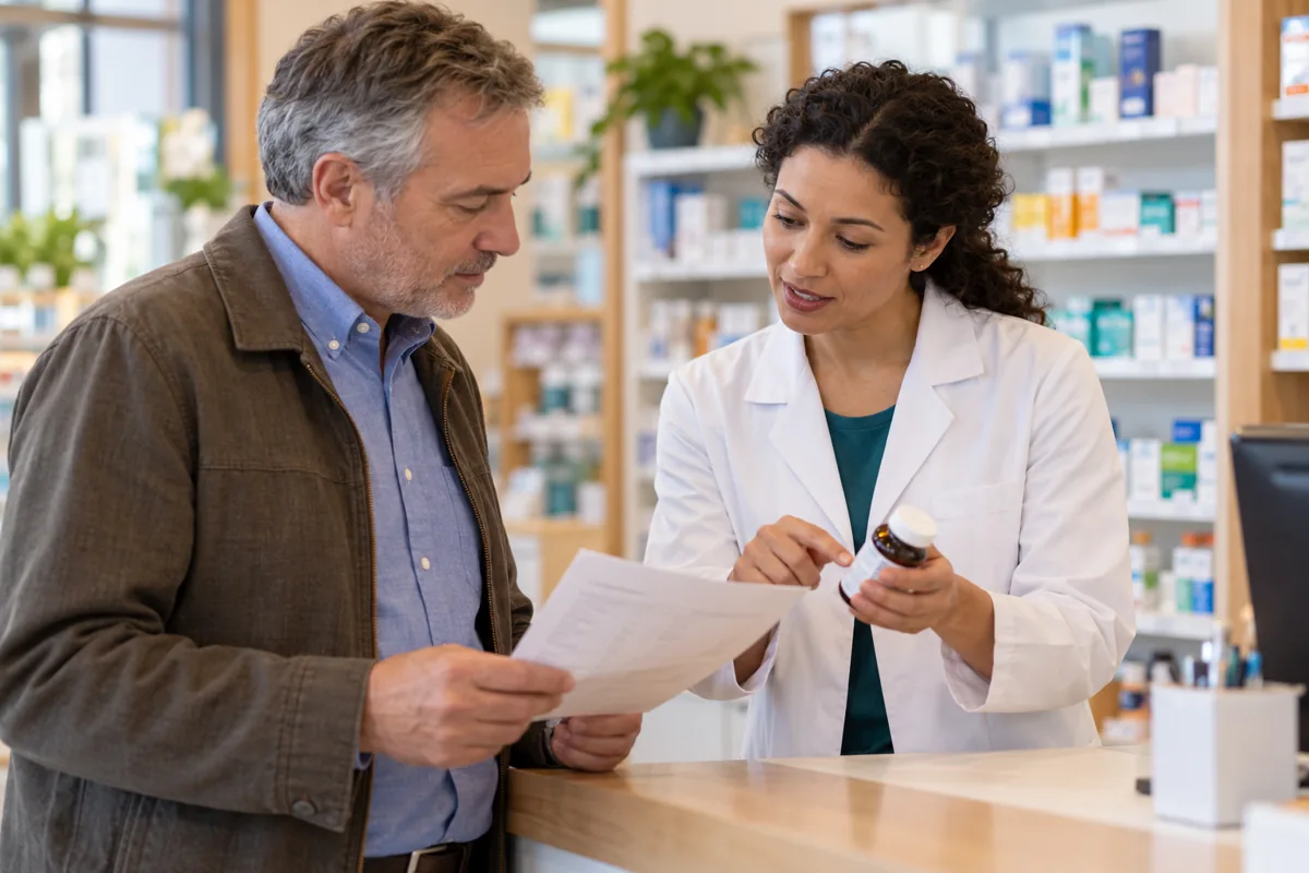 Adult reviewing a supplement and medication list with a pharmacist