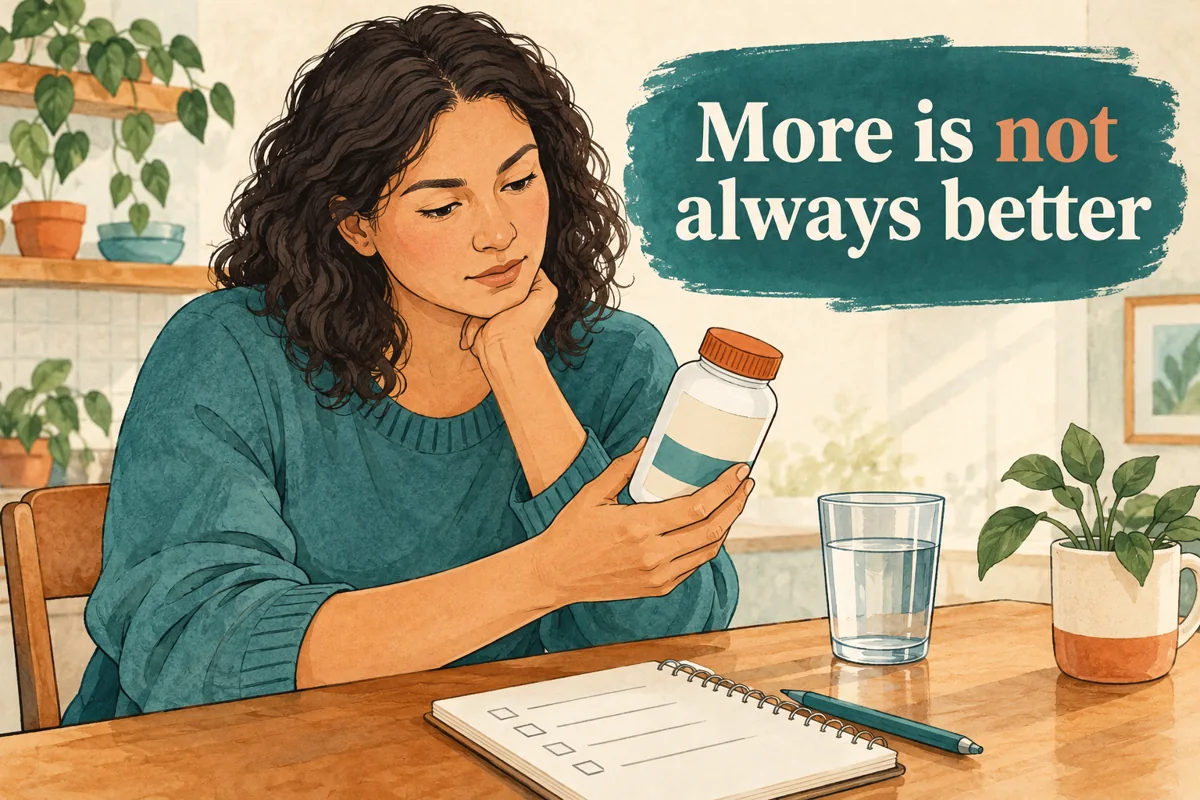 Water and a B-vitamin bottle beside a reminder that more is not always better