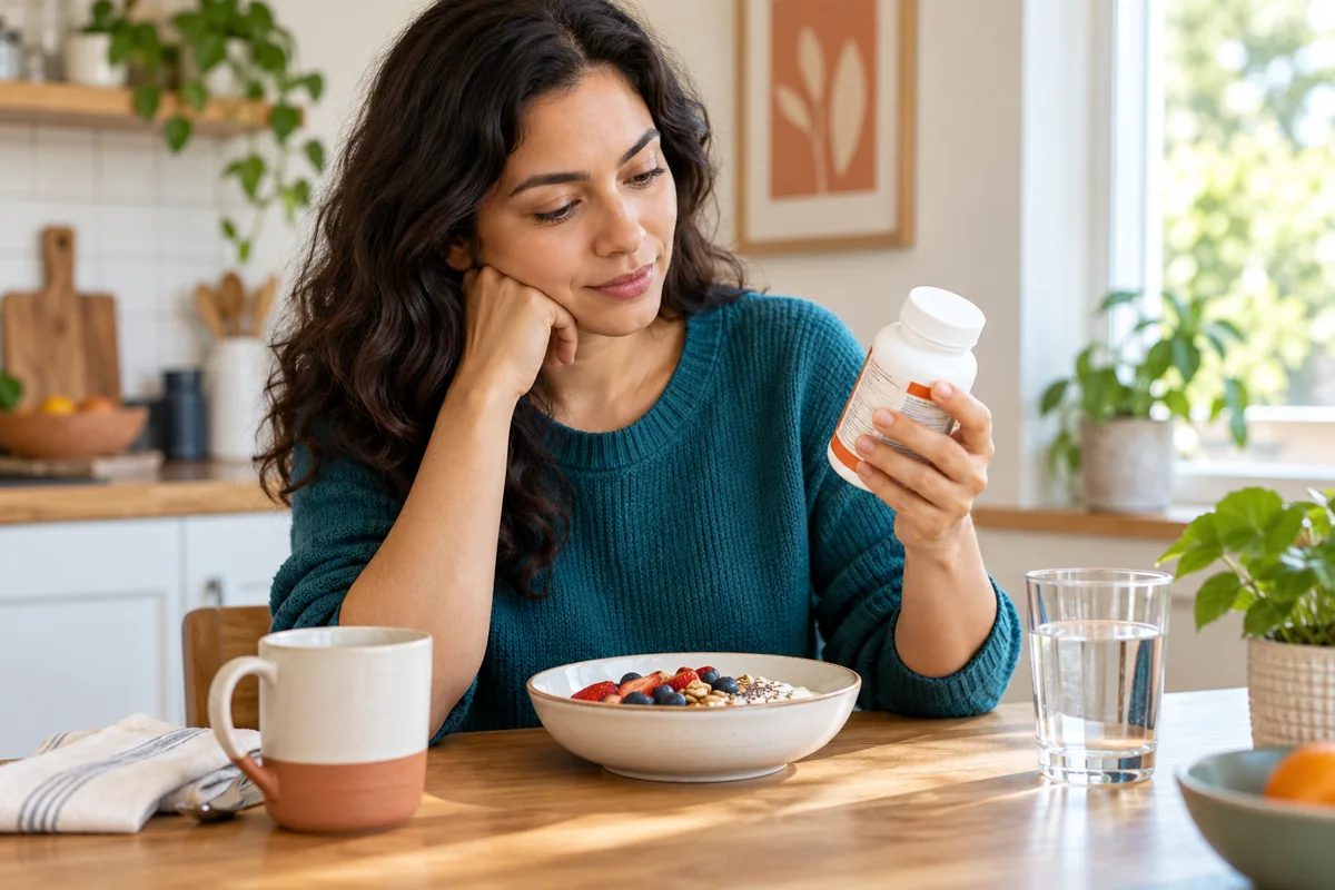 Adult reading supplement directions beside breakfast and water