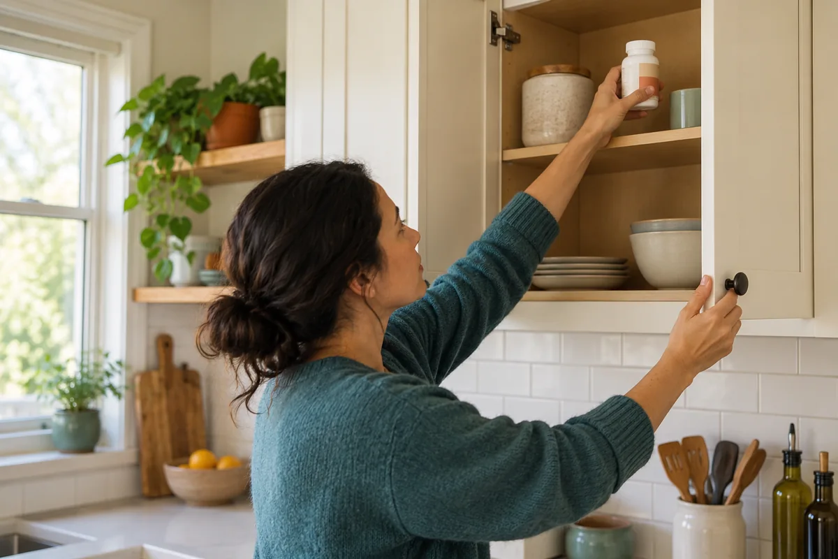 Adult returning a closed supplement bottle to a high cupboard