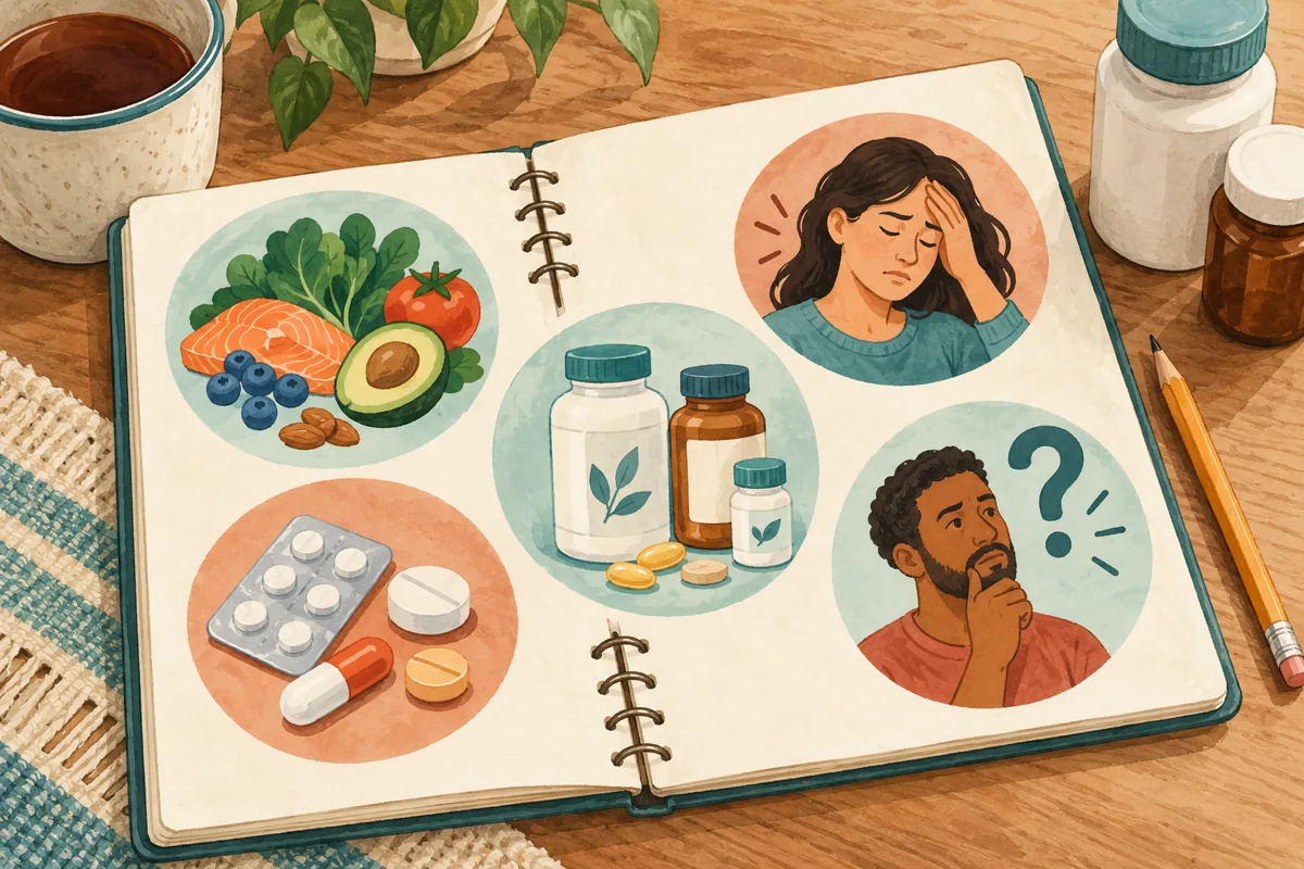 Illustrated appointment checklist covering food, medicines, supplements, symptoms, and questions