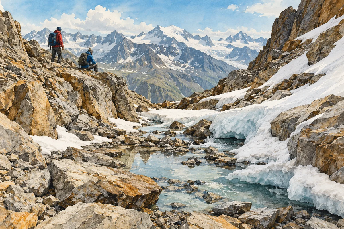 Illustration of hikers beside thawing ice in a high Alpine rocky gully