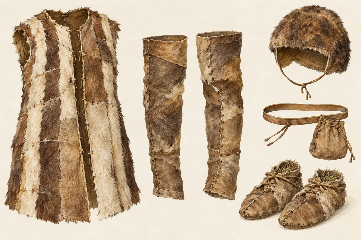 Illustrated hide coat, separate leggings, fur cap, belt, and shoes