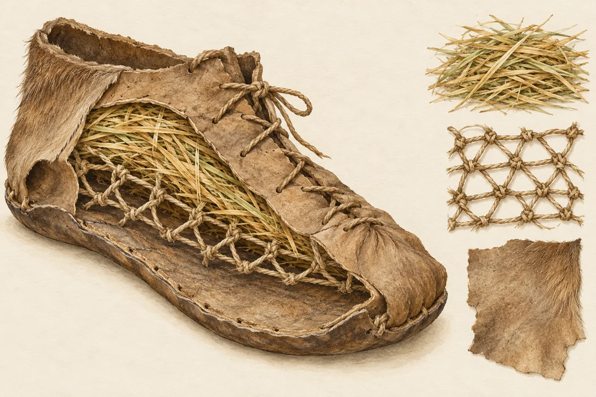 Illustrated hide shoe cutaway showing grass insulation and plant-fiber mesh