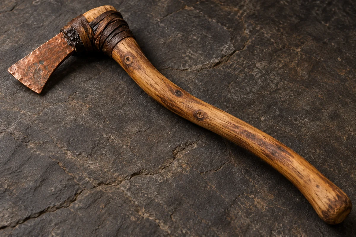 Photorealistic interpretation of a copper axe with a bent wooden handle and leather bindings
