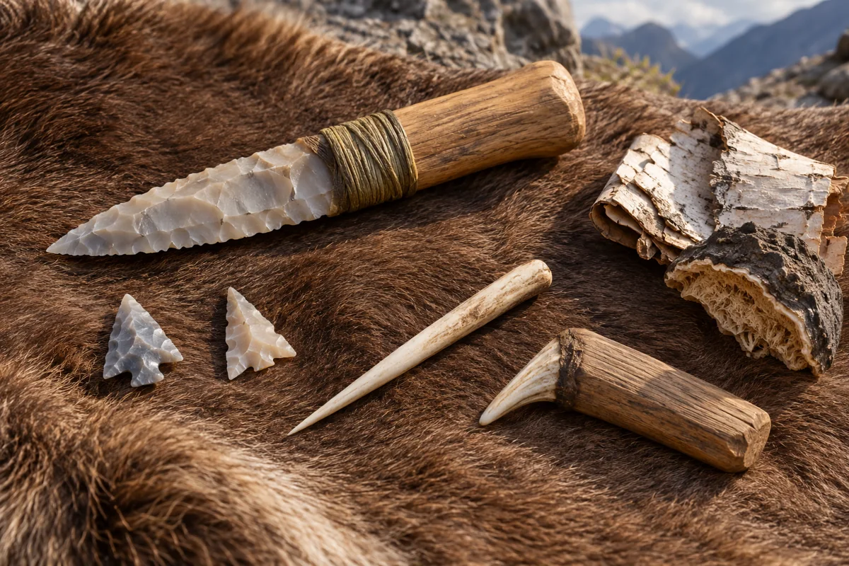 Photorealistic interpretation of stone tools, a bone point, and birch bark