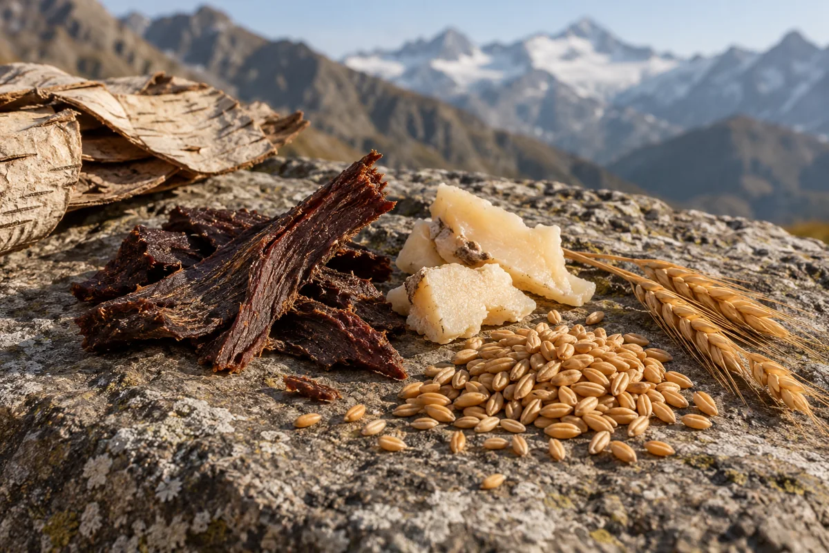 Photorealistic interpretation of dried meat, animal fat, and grain on an Alpine rock