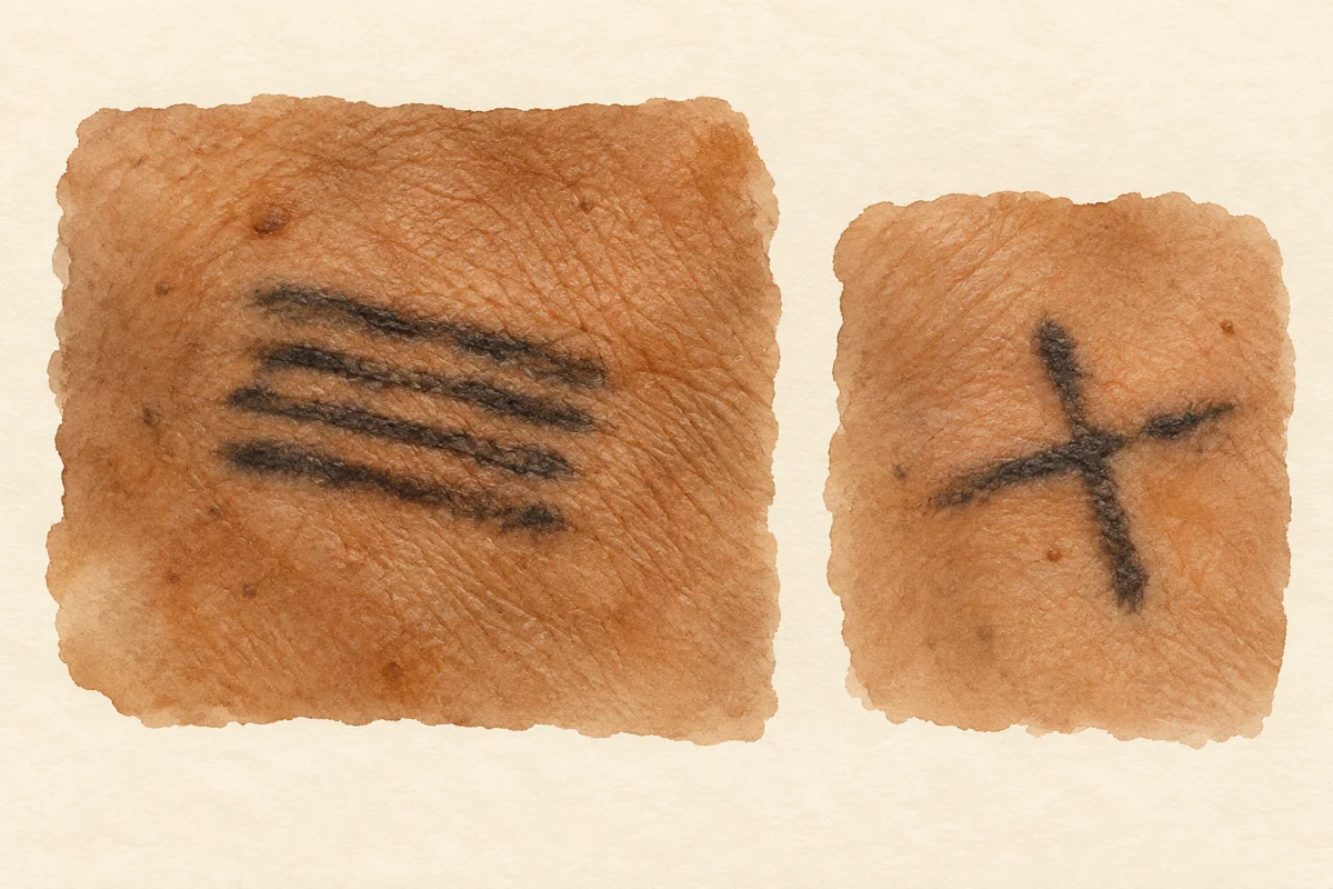 Illustrated dark parallel lines and a cross on two skin-texture panels