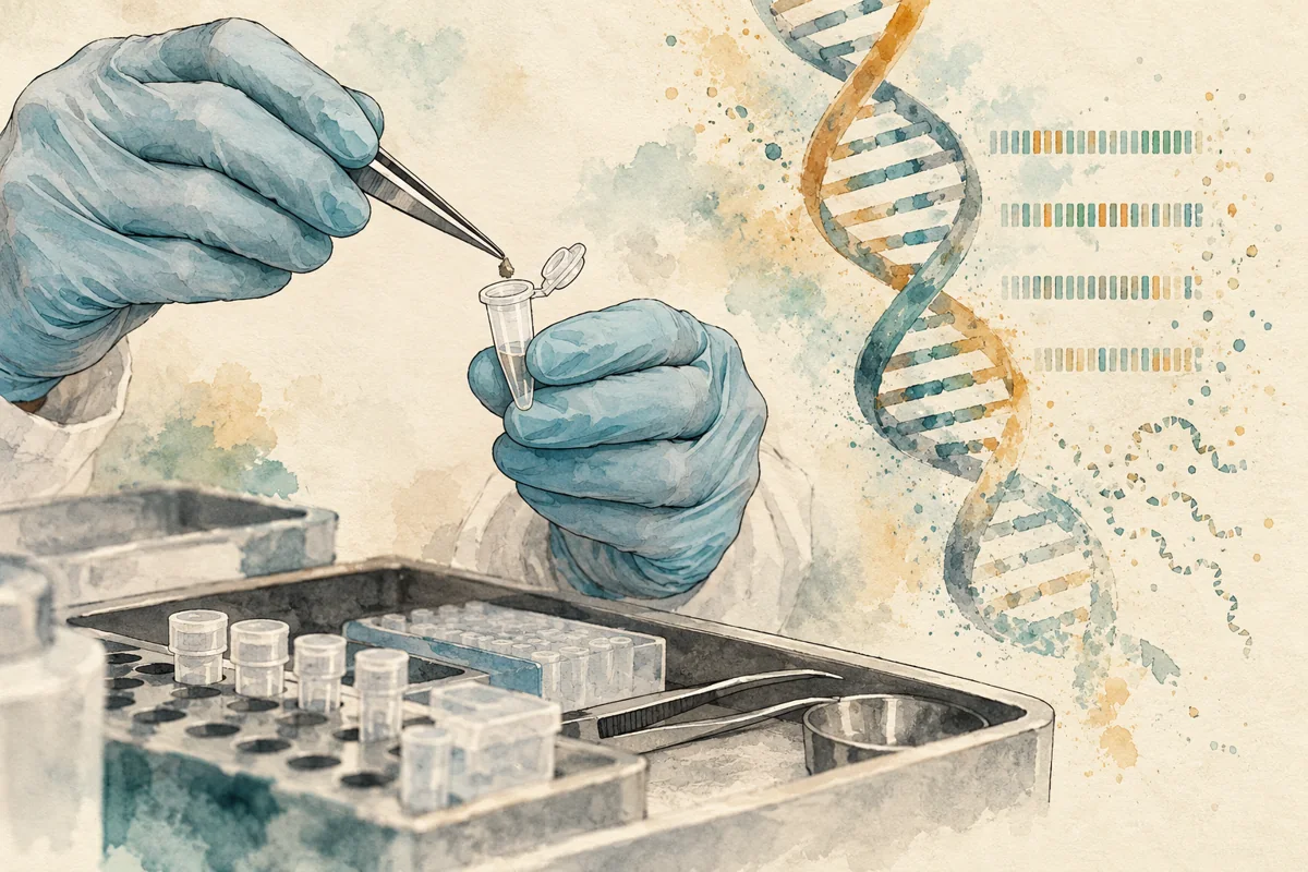 Watercolor illustration of gloved hands handling a sample tube beside an abstract DNA helix