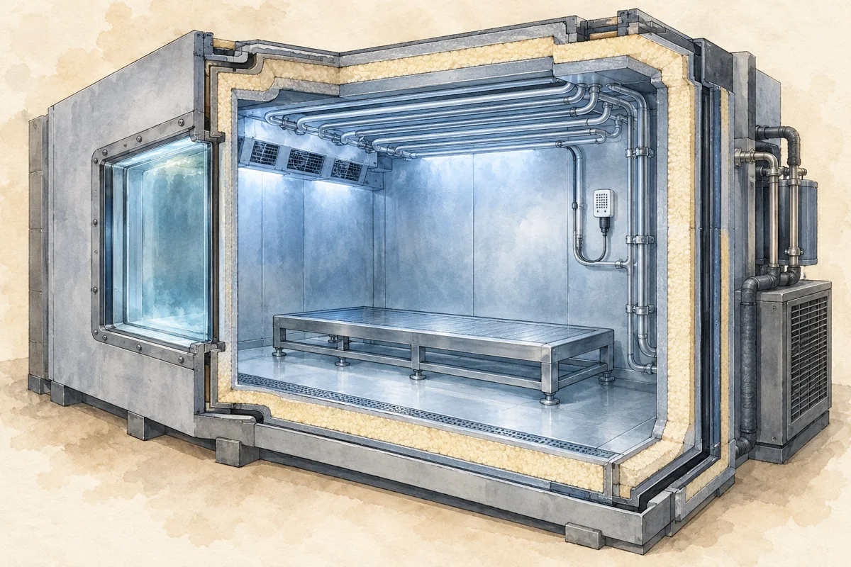 Illustrated cutaway of an empty insulated chamber with cooling pipes and a sensor