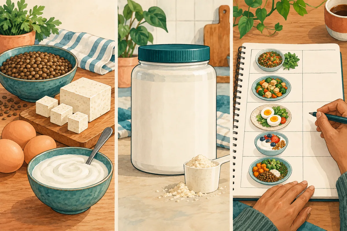 Illustration of protein foods, a powder jar, and a meal-planning notebook