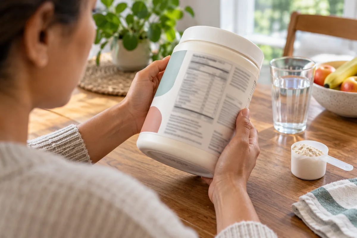 Hands checking the back label on an unbranded protein-powder tub
