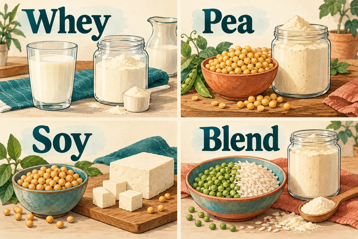 Four illustrated protein sources labeled whey, pea, soy, and blend