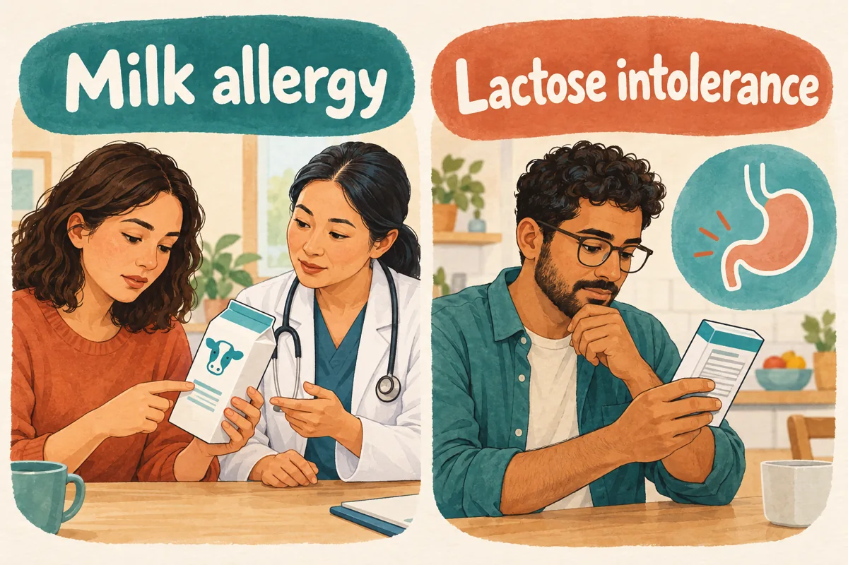 Two illustrated cards distinguish milk allergy from lactose intolerance
