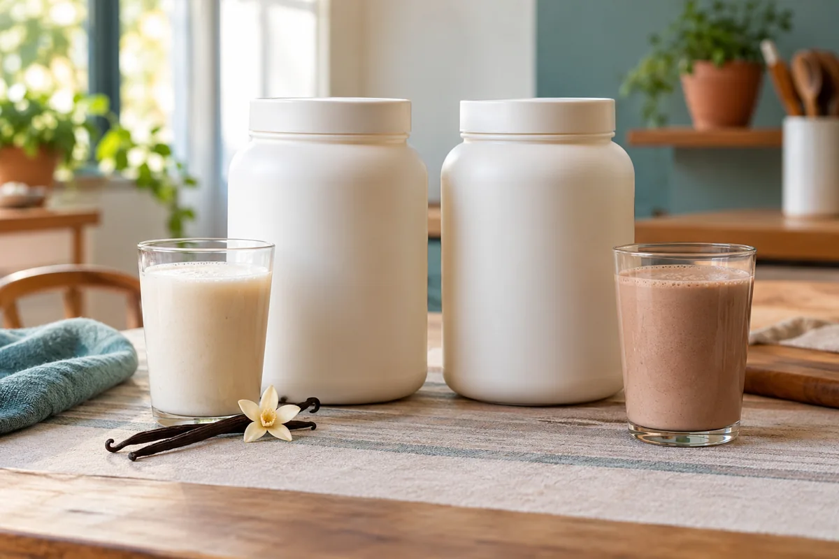 Two unbranded powder jars beside small sample drinks and a vanilla pod