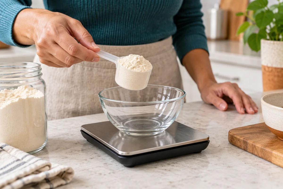 A scoop and bowl on a kitchen scale with the display turned away
