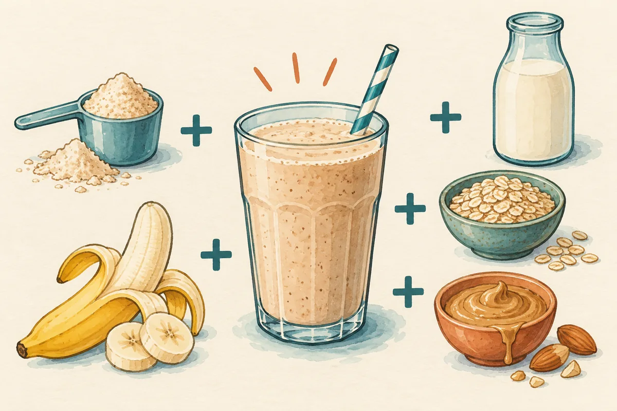 Illustrated shake ingredients including powder, drink, fruit, oats, and nut butter