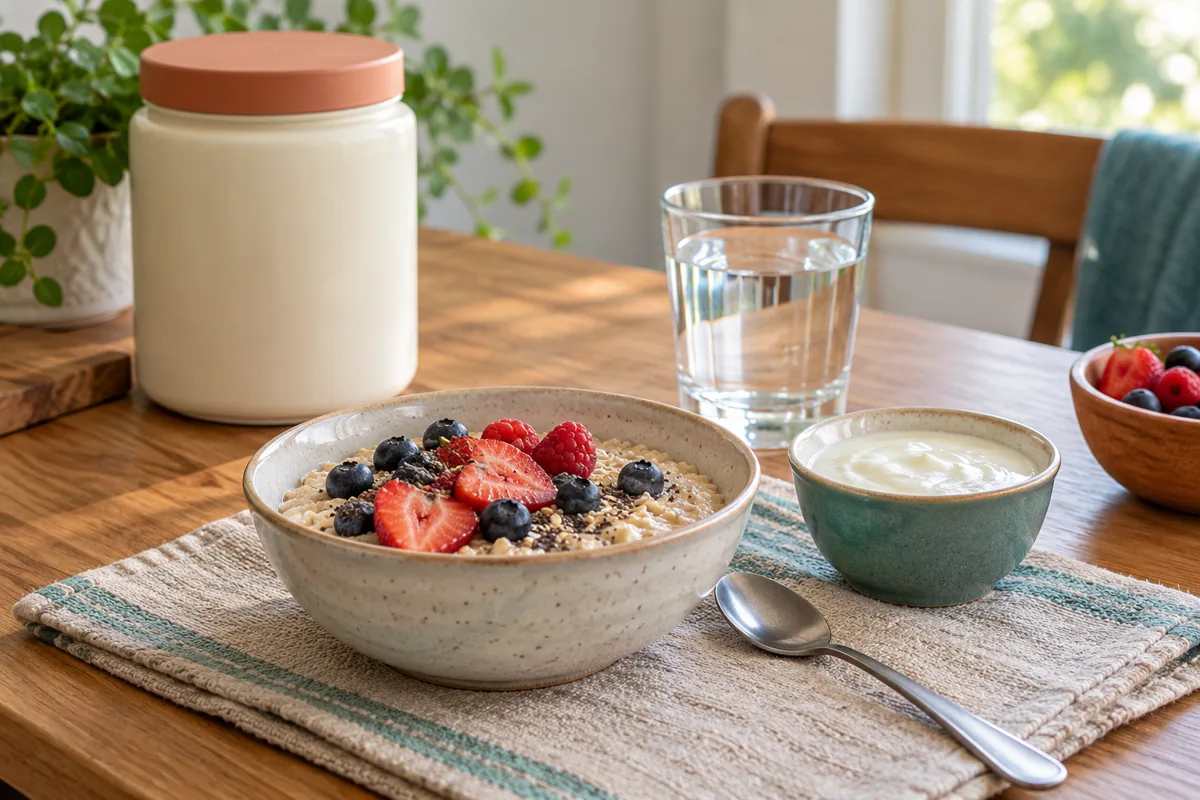 Oatmeal, berries, yogurt, and water with a powder jar at the side
