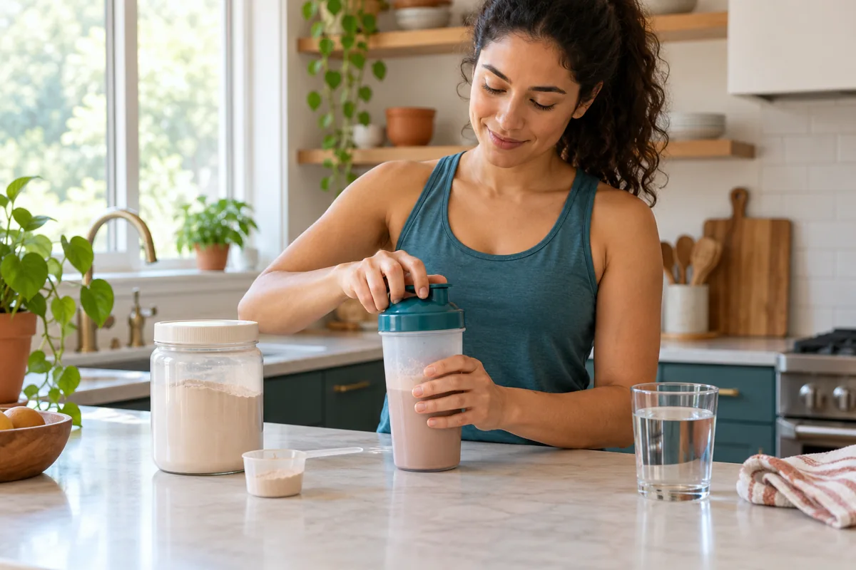 Adult fastening a shaker-bottle lid on a kitchen counter