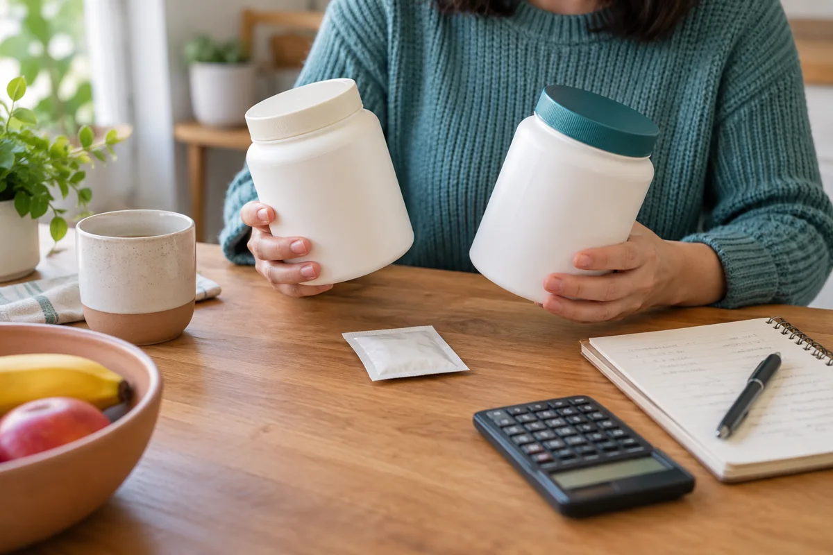 Two plain powder jars, a sample sachet, calculator, and shopping notebook