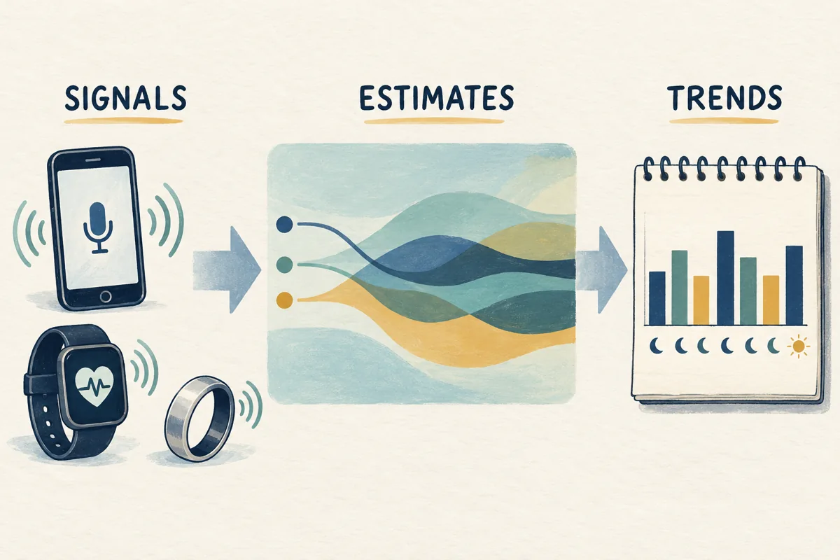 Illustration showing phone and wearable signals becoming estimates and longer-term trends