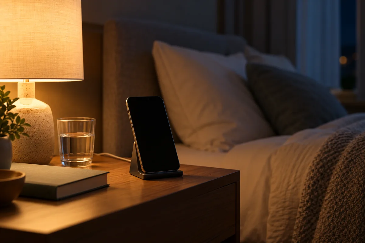 Phone standing on a hard bedside table near a bed