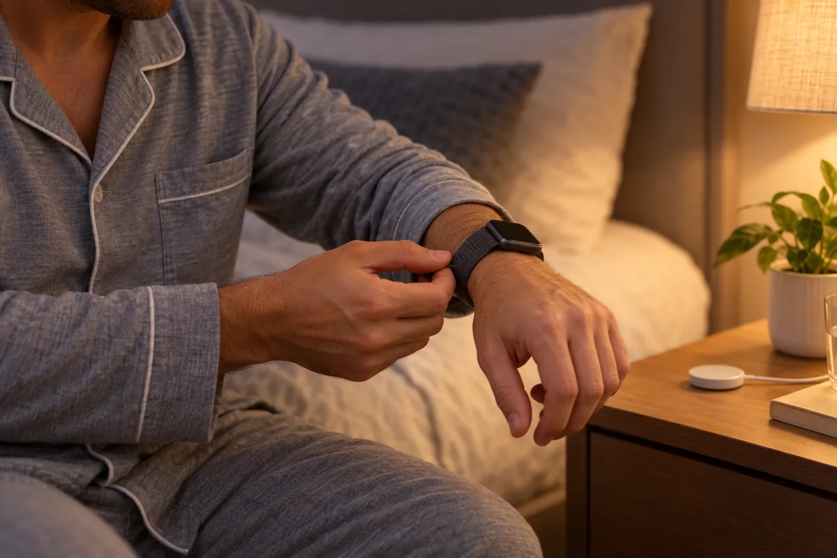 Man adjusting a plain smartwatch before bed