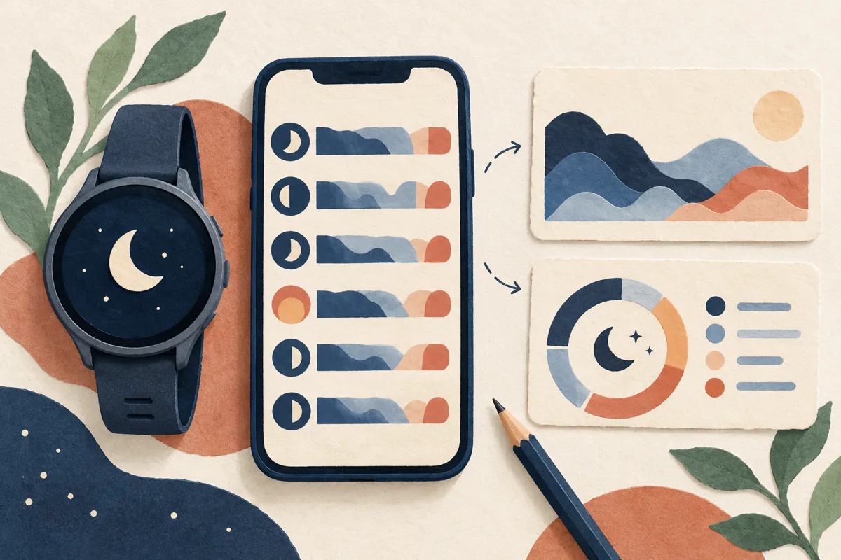 Illustrated watch and phone presenting two views of a shared sleep record