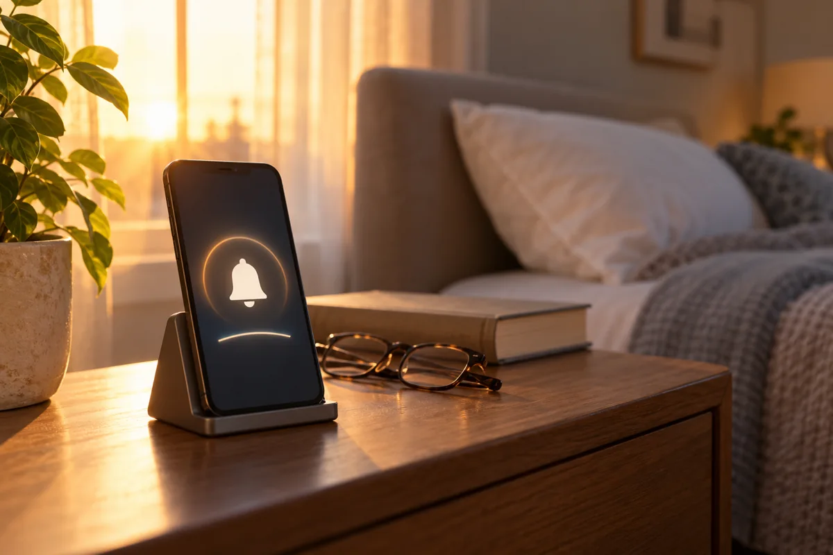 Phone displaying a simple alarm symbol on a bedside table at dawn