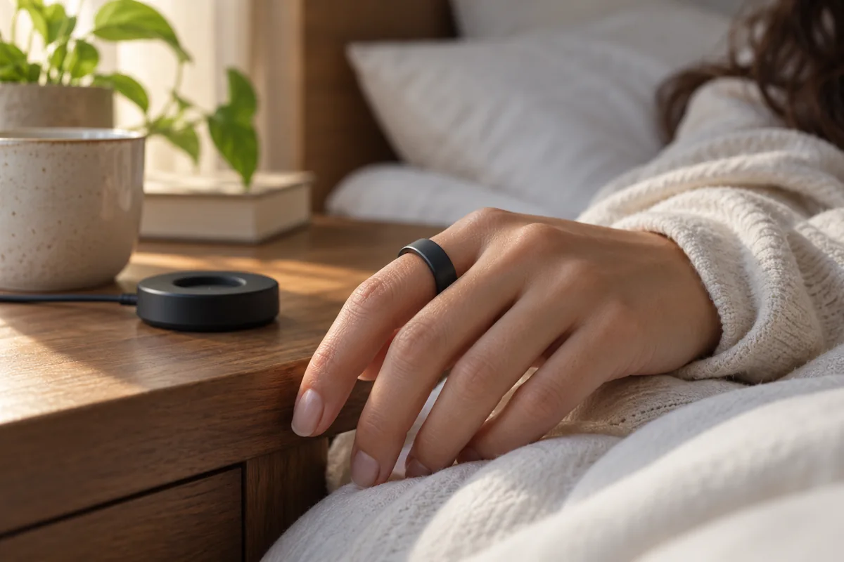 Hand wearing a plain dark tracking ring beside a charging puck