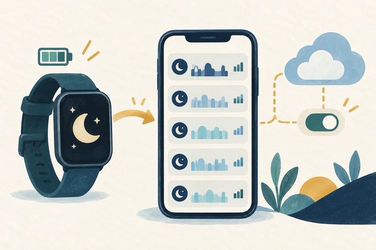 Illustrated watch connected to phone history and an optional cloud service