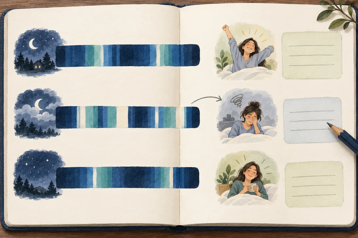 Illustrated nightly sleep timelines alongside personal notes and morning feelings