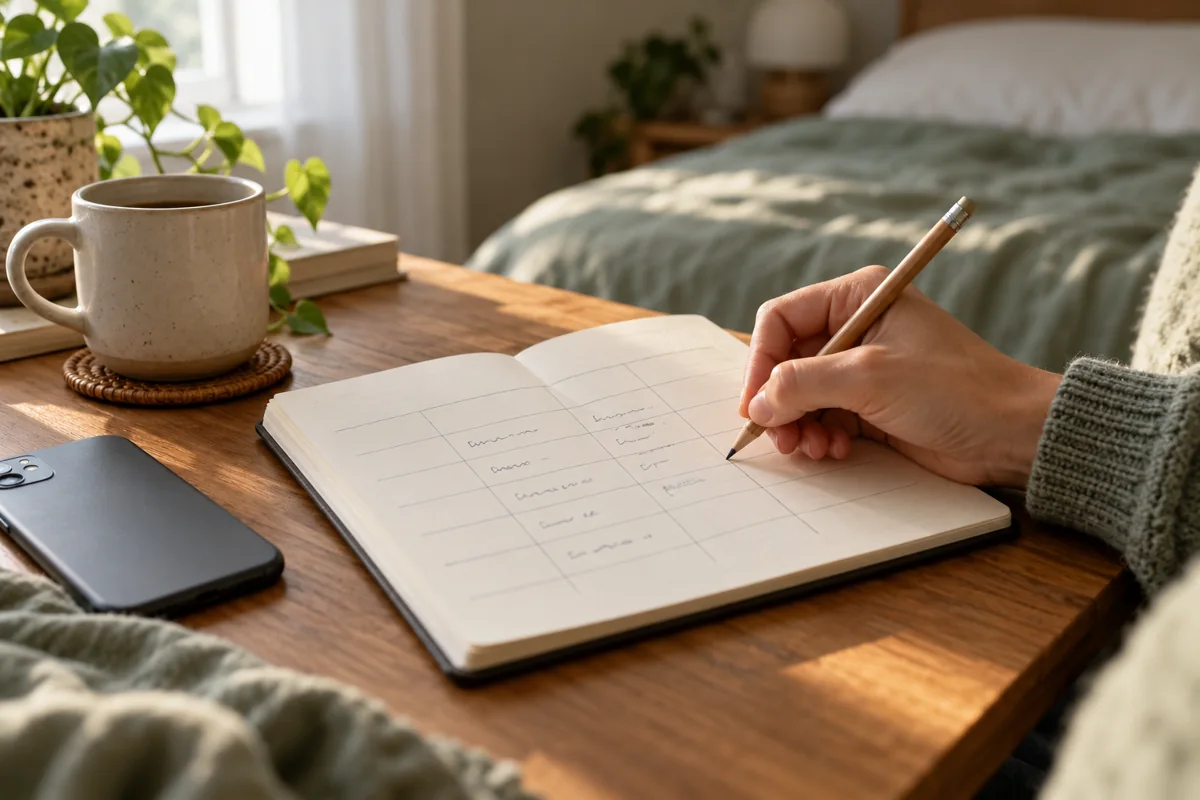 Open notebook with a simple blank weekly grid beside a phone and mug