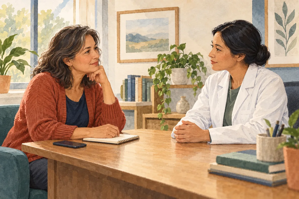Illustration of a woman discussing her sleep notes with a healthcare professional