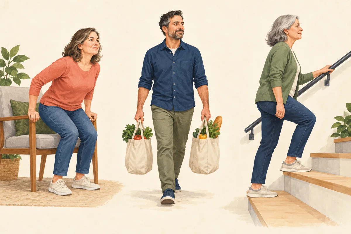 Illustration of adults rising from a chair, carrying shopping, and walking up steps