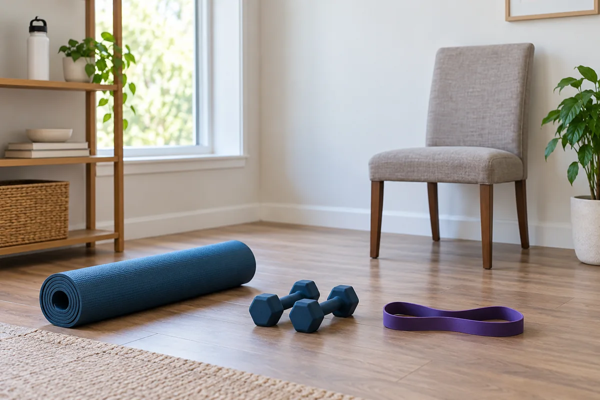 Small dumbbells, a rolled mat, a loose resistance band, and a stable chair in a clear room