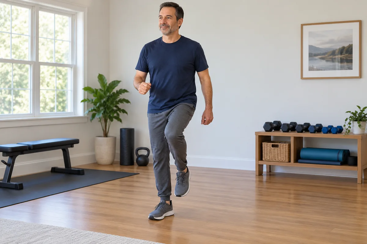 Man gently marching in place in a bright exercise room