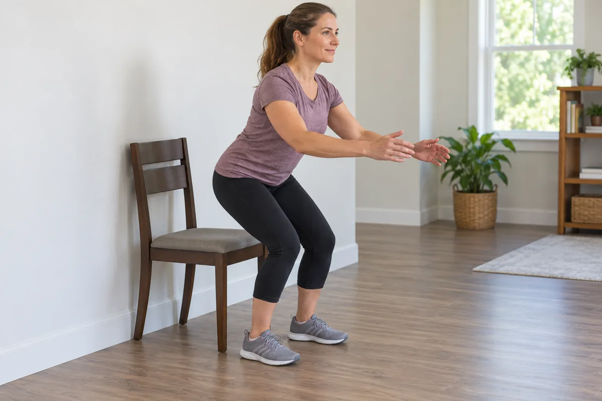 Woman beginning to rise from a stable chair with her feet flat on the floor
