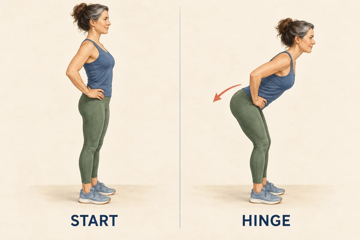Two-panel illustration of an upright stance and an unloaded hip hinge with the hips moving backward