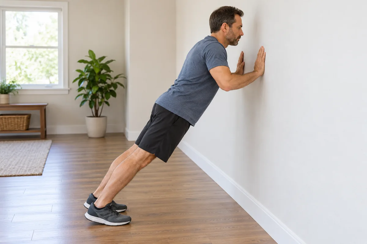 Man performing a wall push-up with his hands around chest height and body in a straight incline