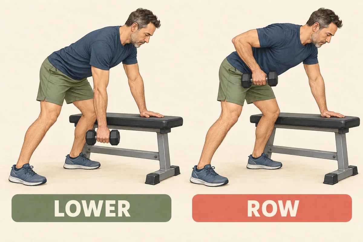 Two-panel illustration of a hand-supported dumbbell row with both feet on the floor