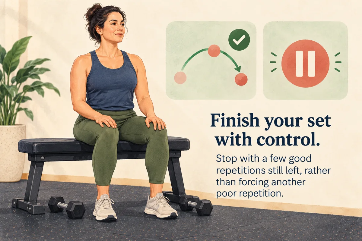 Illustrated woman resting after a set beside symbols for control and pausing