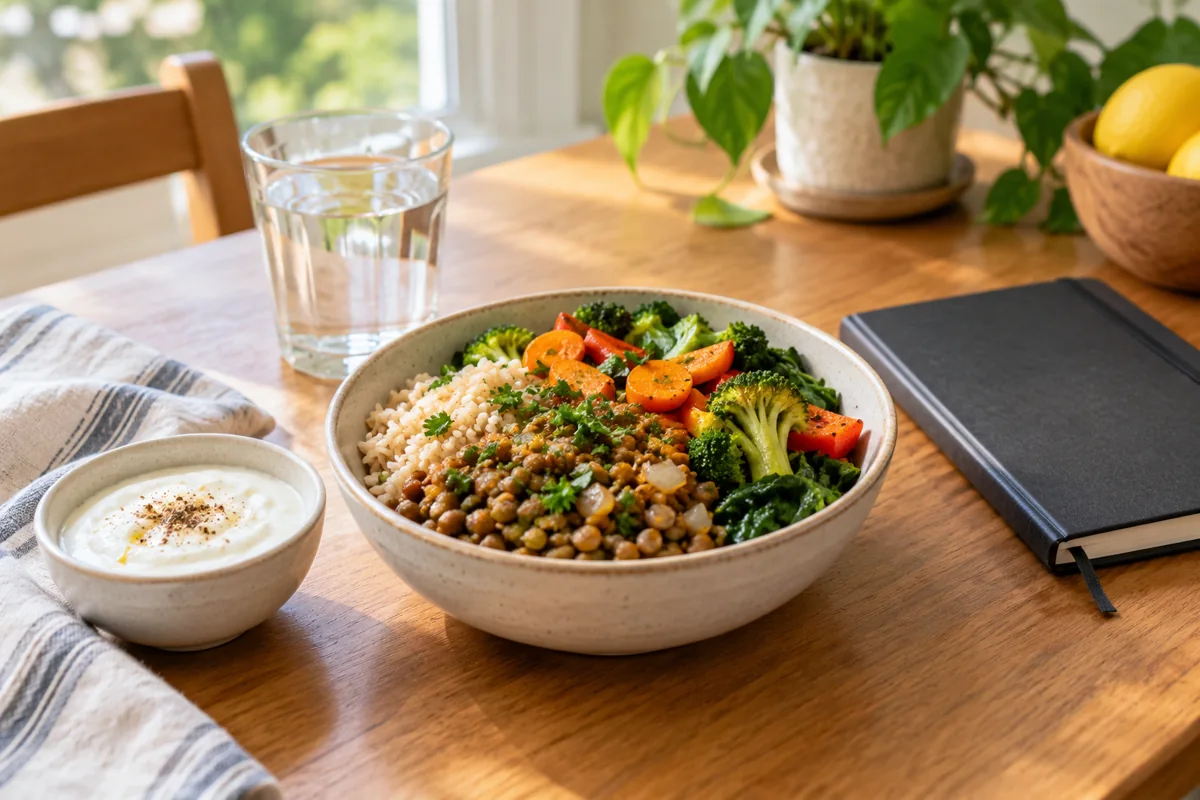 Lentils, brown rice, vegetables, yogurt, and water beside a closed training notebook