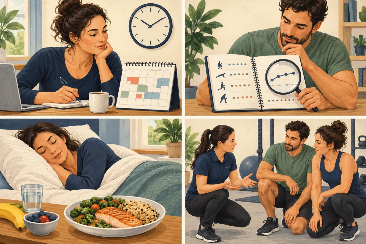 Four illustrated cards showing scheduling, reviewing a log, recovery, and a coaching conversation