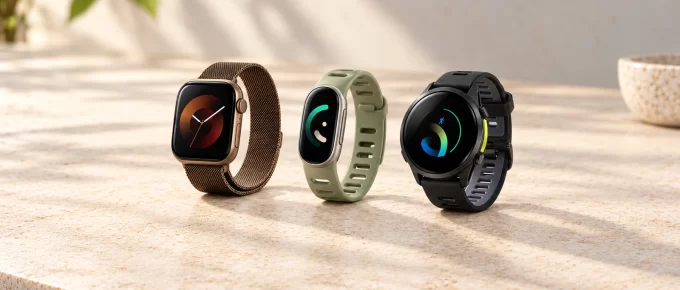 Reconstructed Apple Watch, Fitbit tracker, and Garmin watch displayed side by side