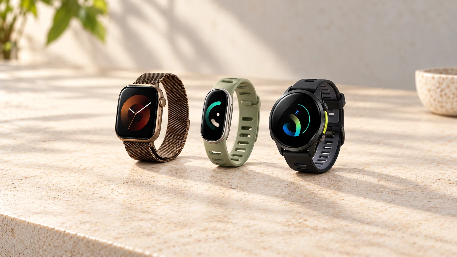 Reconstructed Apple Watch, Fitbit tracker, and Garmin watch displayed side by side