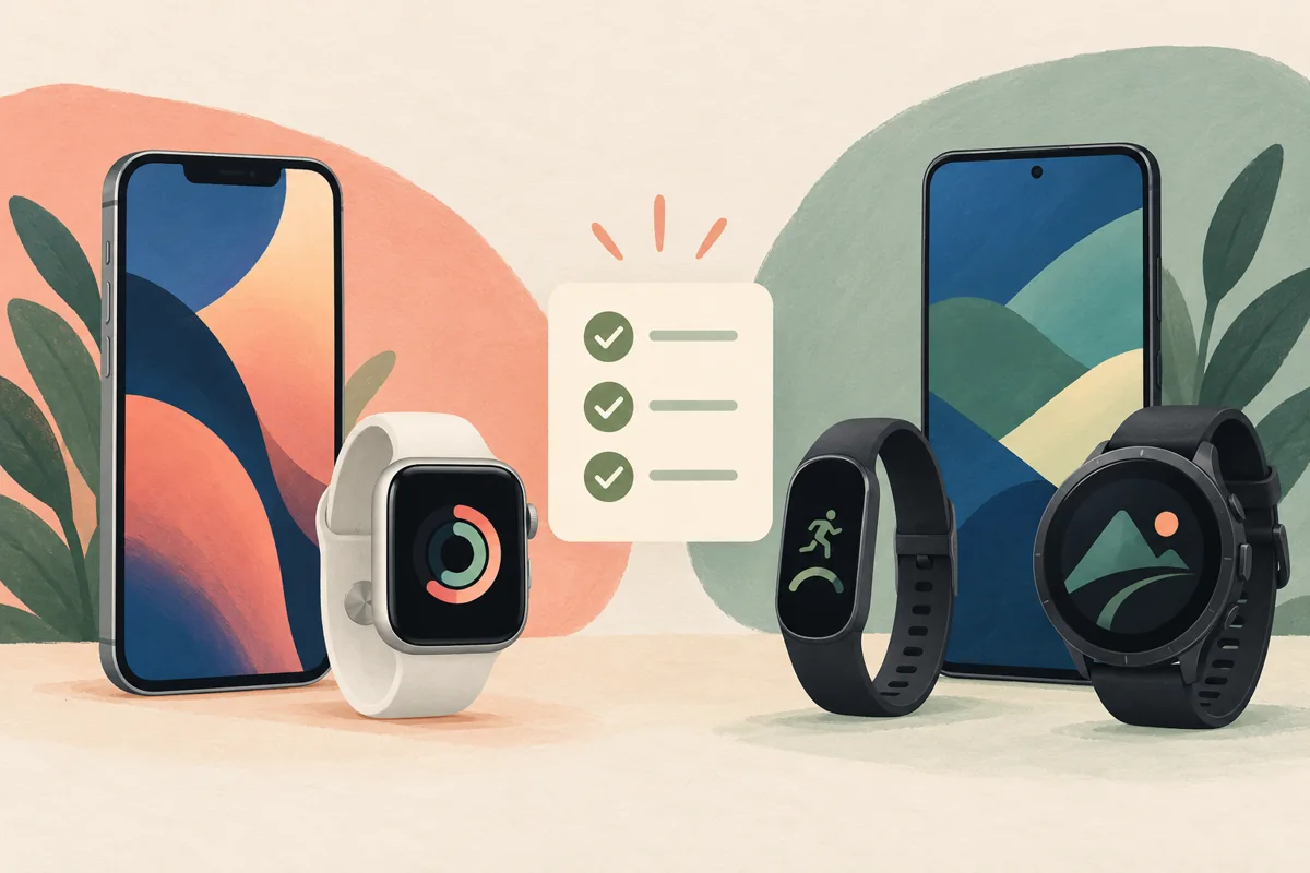 Illustrated phones beside different watch and tracker categories