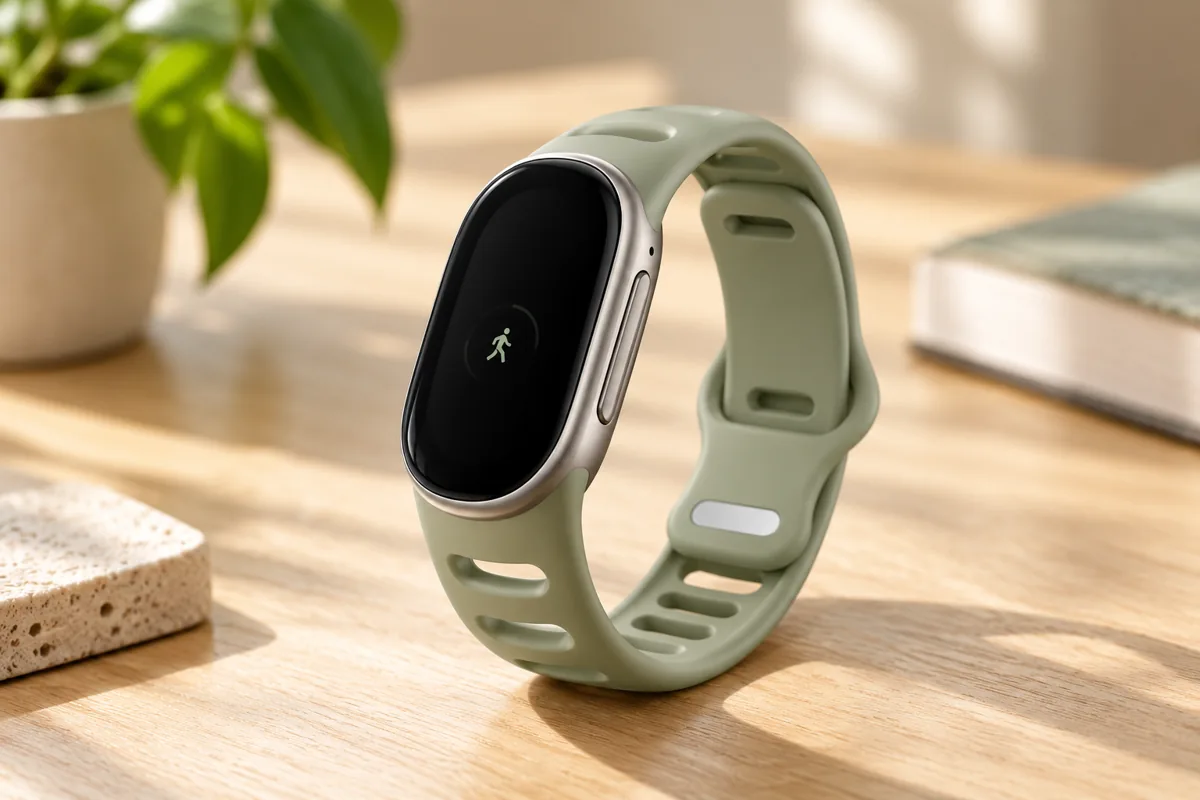 Three-quarter reconstruction of a silver Fitbit Edge with a sage band